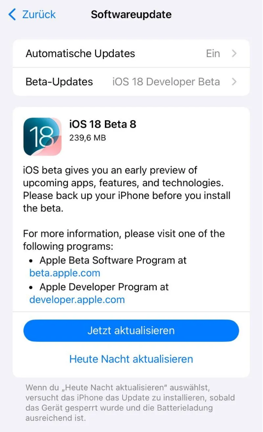 阿拉尔苹果手机维修分享苹果 iOS / iPadOS 18 开发者预览版 Beta 8 发布 